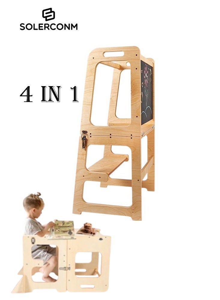 سولاكان برج الوقوف للأطفال 4 في 1 – كرسي مساعد خشبي على طراز منتسوري مع سبورة، ومكتب، وكرسي، ودرج للأطفال - Image 1