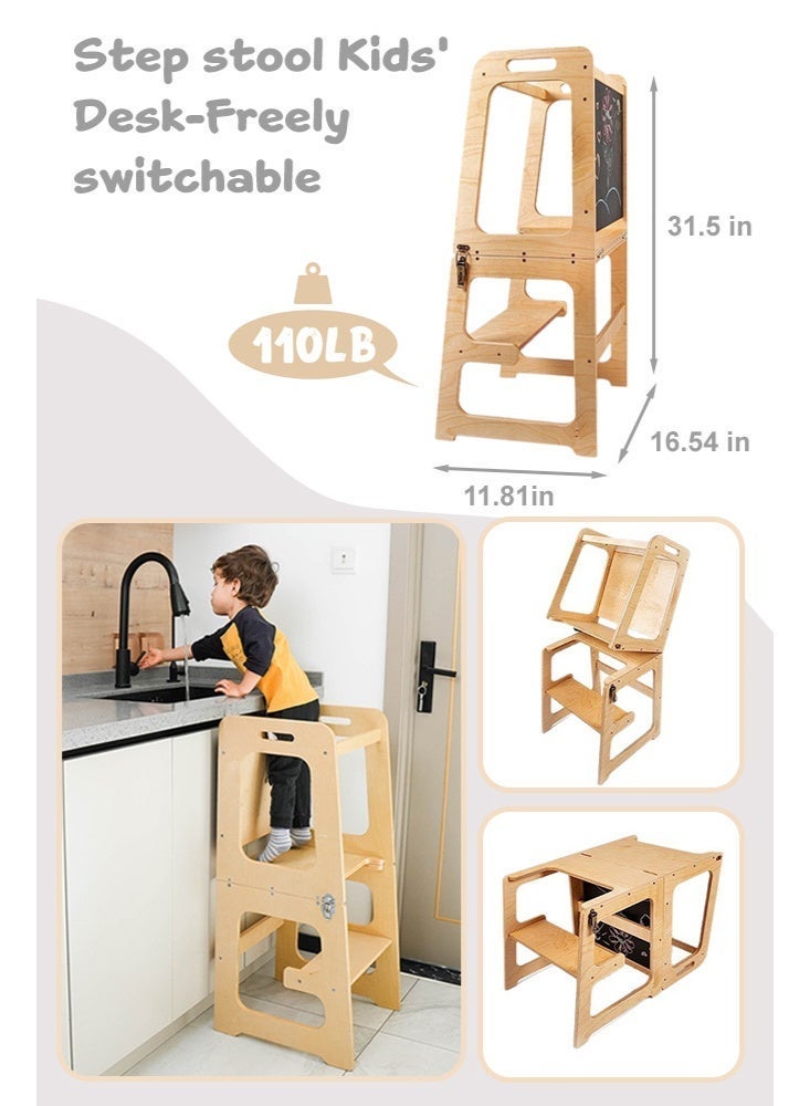 Solerconm 4-in-1 Toddler Standing Tower – Montessori Wooden Kitchen Helper Stool with Chalkboard, Desk, Chair & Step for Kids - Image 3