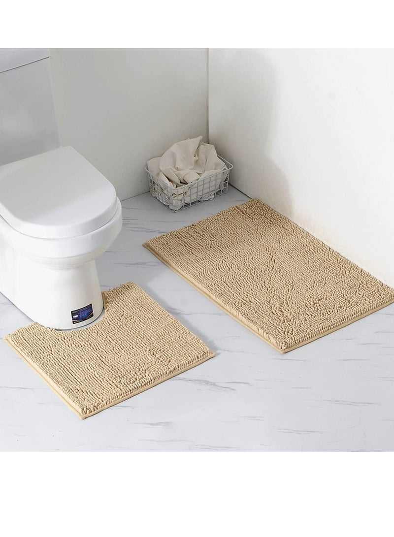 TYCOM 2 Bathroom Mats Bath Rugs Non Slip Fluffy Soft Plush Microfiber Shower Carpet Rug Machine Washable Quick Dry Ultra Bath Mats for Tub Bathroom and Shower 50x80cm Long 2 Packs Beige  - Image 1