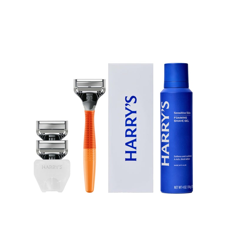 Harrys Shaving Kit for Men  Razor Handle 3 Razor Blade Refills Foaming Shave Gel and Travel Blade Cover  Ember