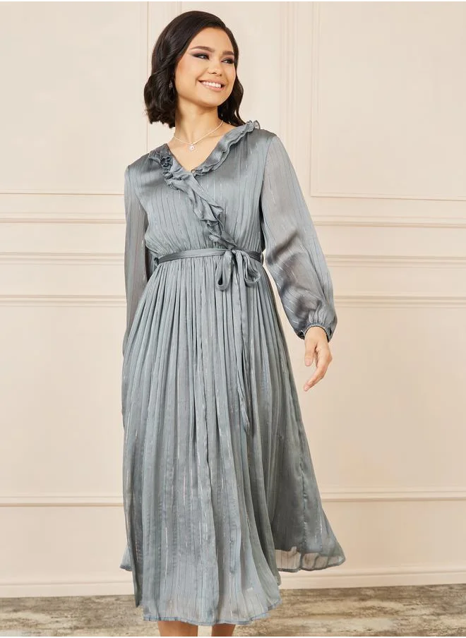Styli Styli Lurex Striped Ruffle Neck A-line Midi Dress