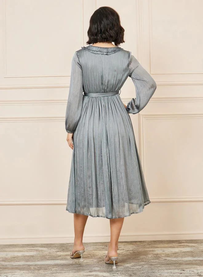Styli Lurex Striped Ruffle Neck A-line Midi Dress