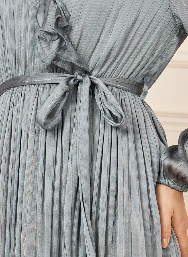 Styli Lurex Striped Ruffle Neck A-line Midi Dress