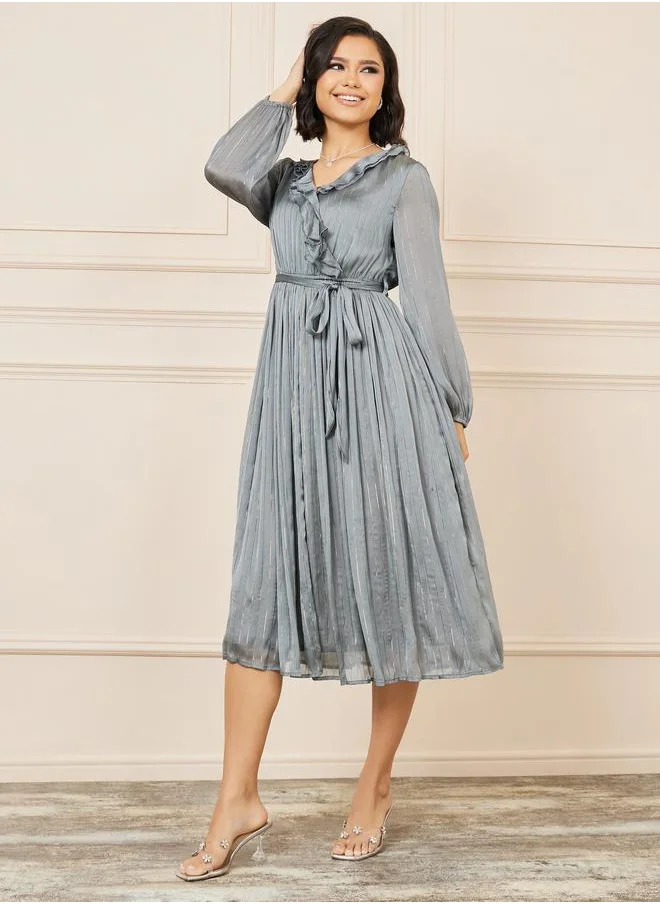 Styli Styli Lurex Striped Ruffle Neck A-line Midi Dress
