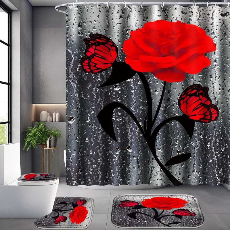 Poedist 4 Pcs Bathroom SetRed Rose Shower Curtain Sets Floral Shower Curtain Sets with RugsBath MatU Shape and Toilet Lid Cover Mat and 12 Hooks