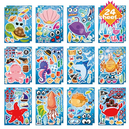 DUJAA 24 Sheets Make Your Own Sea Animals Stickers for Kids Toddlers Makeaface Stickers Ocean Animals Stickers for Kids Party Favors Activities - Image 1