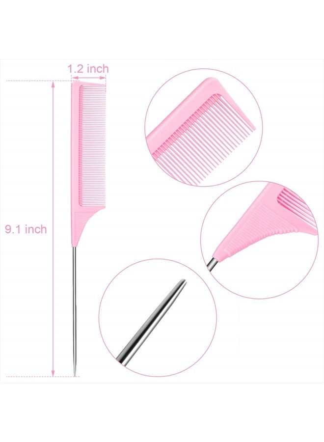 Leinuosen 3 Packs Rat Tail Comb Steel Pin Rat Tail Carbon Fiber Heat Resistant Teasing Combs with Stainless Steel Pintail (Pink) - Image 2