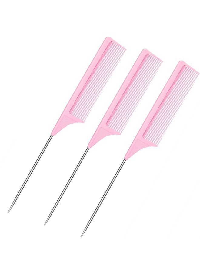Leinuosen 3 Packs Rat Tail Comb Steel Pin Rat Tail Carbon Fiber Heat Resistant Teasing Combs with Stainless Steel Pintail (Pink) - Image 1