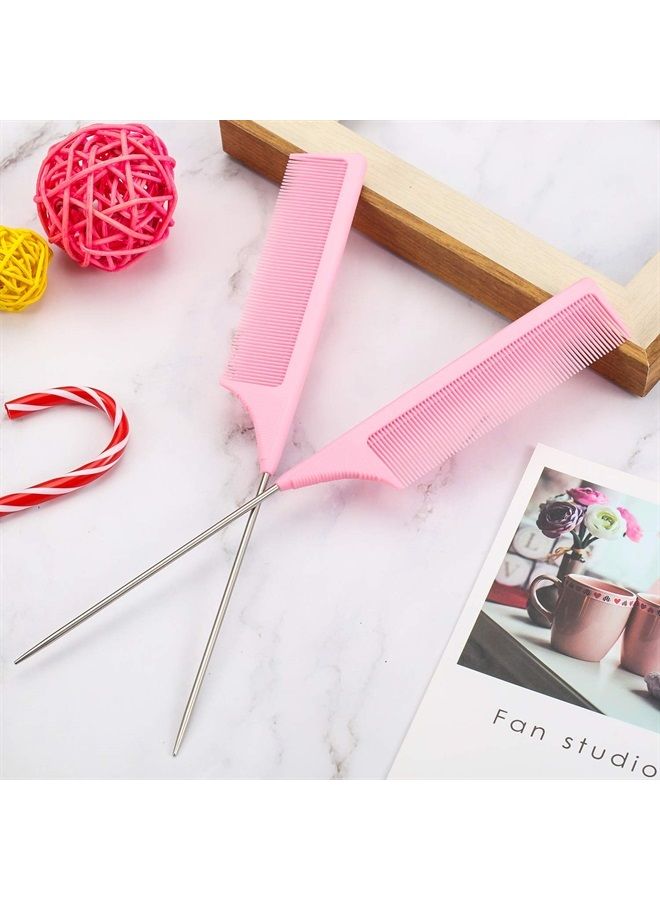 Leinuosen 3 Packs Rat Tail Comb Steel Pin Rat Tail Carbon Fiber Heat Resistant Teasing Combs with Stainless Steel Pintail (Pink) - Image 5