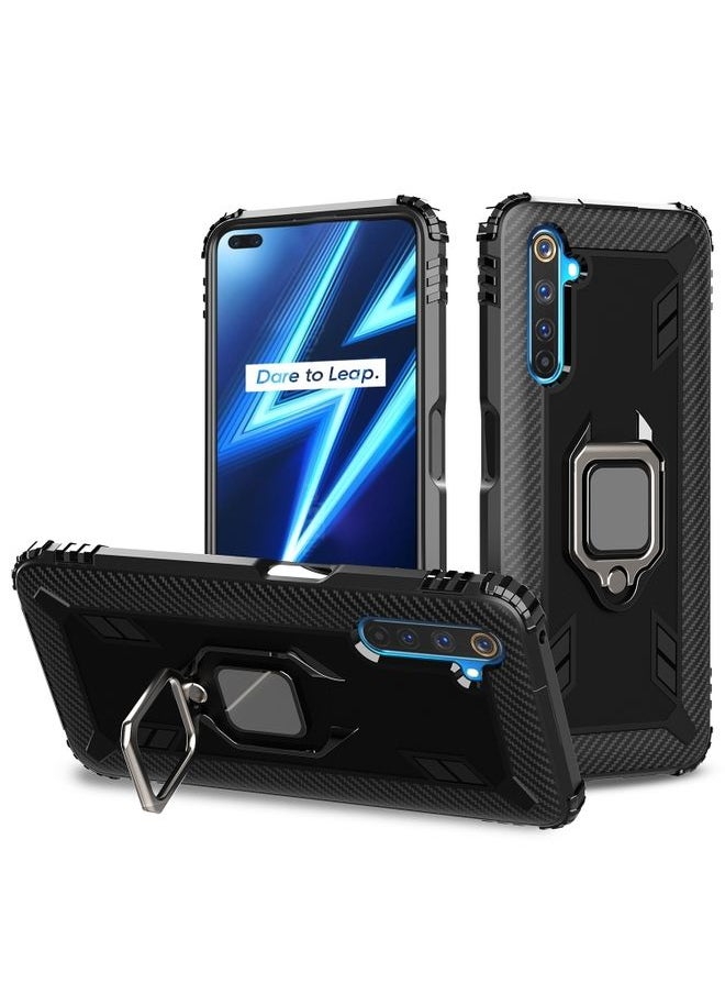 HuHa Case Cover For Realme 6 Pro Carbon Fiber Protective Case with 360 Degree Rotating Ring Holder Black 