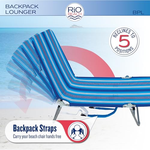 Rio Brands Rio Beach Portable Lay Flat Folding Backpack Beach Lounge Chair with Backpack Straps and Storage Pouch, Blue and Red - Image 3