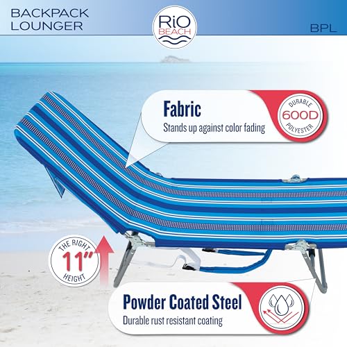 Rio Brands Rio Beach Portable Lay Flat Folding Backpack Beach Lounge Chair with Backpack Straps and Storage Pouch, Blue and Red - Image 4
