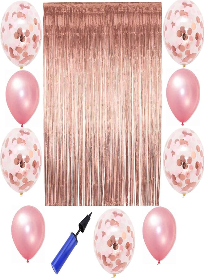 Secret Rose gold Foil Curtains Metallic Fringe Curtains Shimmer Curtain- 5pcs rose gold confetti balloon-10pcs pink latex balloon for Birthday Wedding Party Christmas Decorations