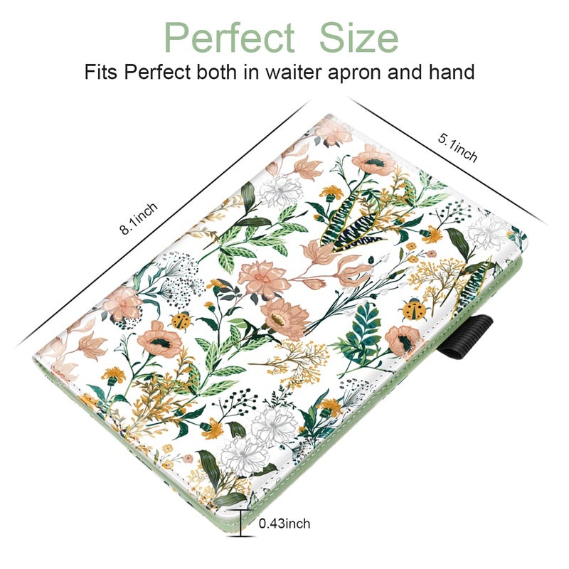 WAVEYU Server Book for Waitress Book with Zipper Pocket, Cute Server Books for Waiter Leather, Money Organizer Wallet, Cash Check Bill Receipt Holder Presenter, 8x5 inch, White Flower - Image 2