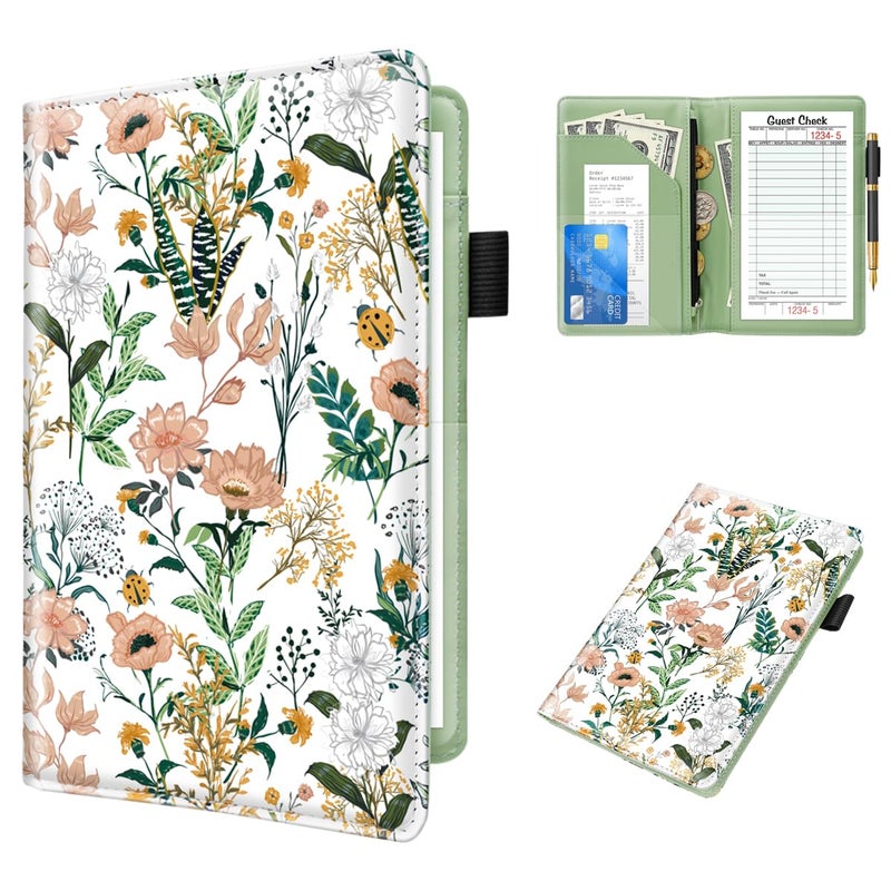 WAVEYU Server Book for Waitress Book with Zipper Pocket, Cute Server Books for Waiter Leather, Money Organizer Wallet, Cash Check Bill Receipt Holder Presenter, 8x5 inch, White Flower - Image 1