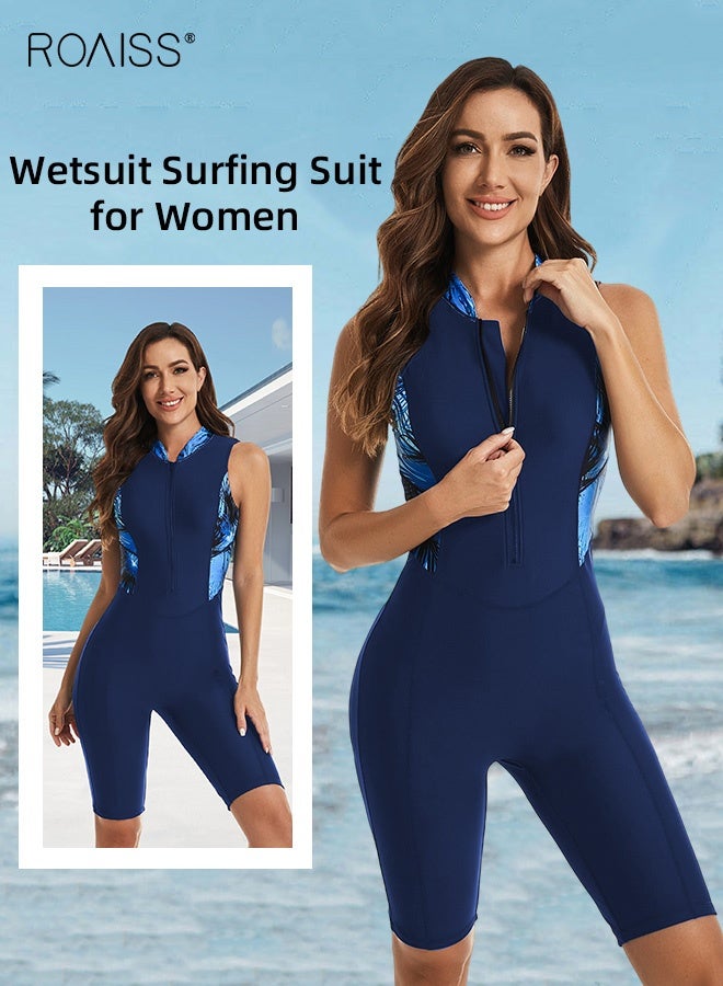 roaiss Women's Racerback One Piece Swimsuit Knee Length Zip Front Sports Bathing Suit Sleeveless Vest Surf Suit Ladies Sun Protection Swimwear Wetsuit with Collar and Chest Pad Navy Blue  - Image 3