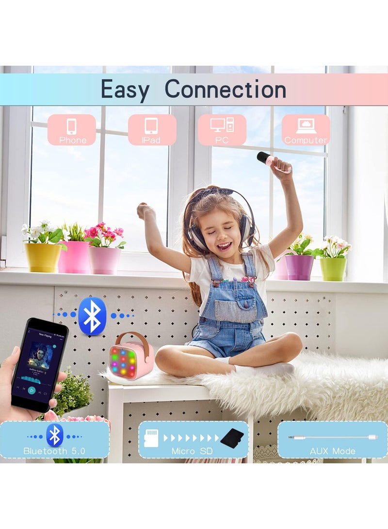 Mini Karaoke Machine, Portable Bluetooth Speaker with Wireless Microphone, Funny Toys for Girls Girls Ages 4-12, Colorful Lights, for Kids Birthday, Home, Portable with Wireless Microphone Pink  - Image 2