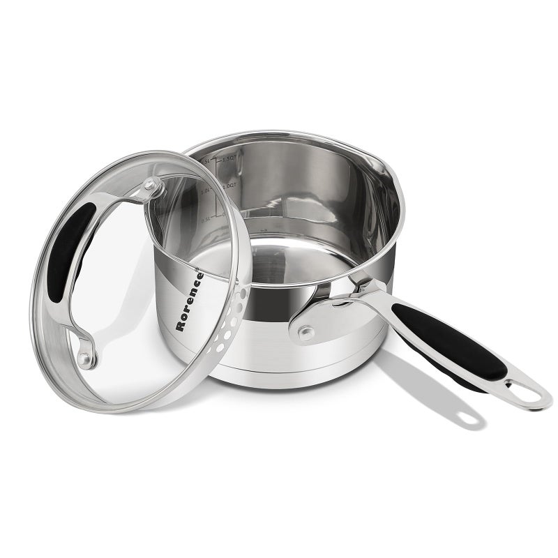 Rorence 15 QT Stainless Steel Saucepan Sauce Pan with Silicone Coated Handles and Pout Spouts Induction Small Cooking Pot with Clear Transparent Tempered Glass Lid for All Stoves Dishwasher Safe
