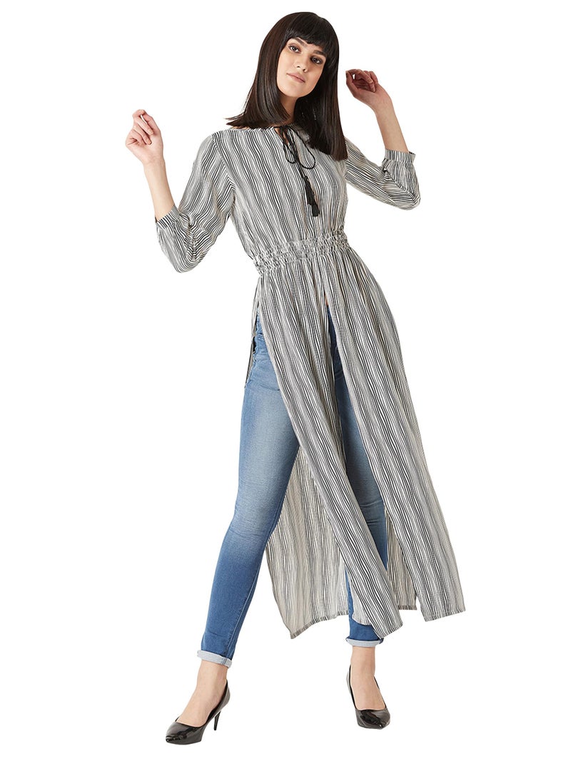 Miss Chase Women's Round Neck 3/4 Sleeves Striped Tassel Tie-Up Detailing Maxi Top with Side and Front Slit(MCAW18TP11-99-98-05, Black and White, Large) - Image 1