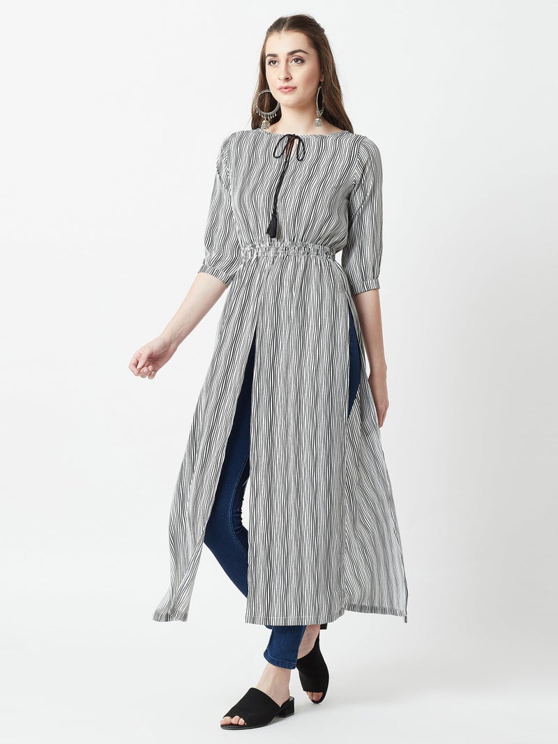 Miss Chase Women's Round Neck 3/4 Sleeves Striped Tassel Tie-Up Detailing Maxi Top with Side and Front Slit(MCAW18TP11-99-98-05, Black and White, Large) - Image 2