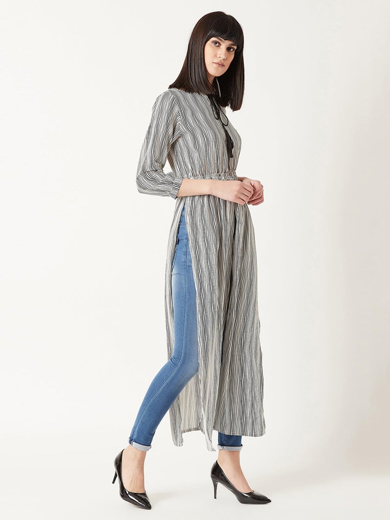 Miss Chase Women's Round Neck 3/4 Sleeves Striped Tassel Tie-Up Detailing Maxi Top with Side and Front Slit(MCAW18TP11-99-98-05, Black and White, Large) - Image 3
