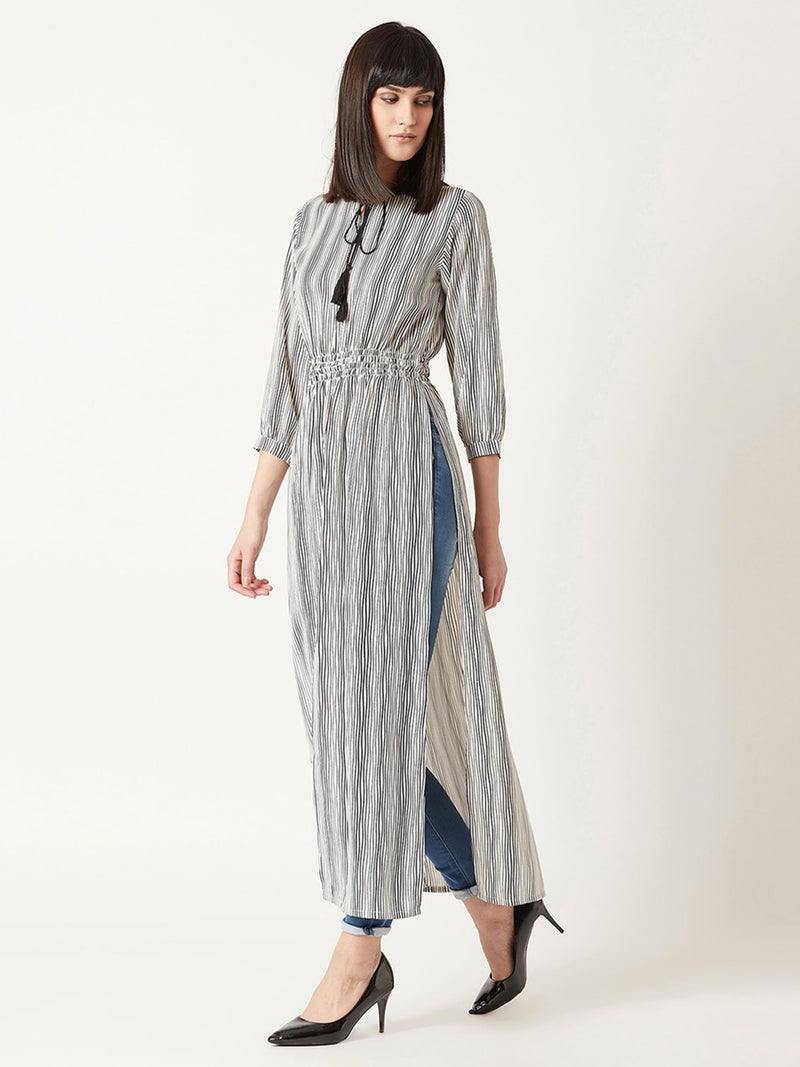 Miss Chase Women's Round Neck 3/4 Sleeves Striped Tassel Tie-Up Detailing Maxi Top with Side and Front Slit(MCAW18TP11-99-98-05, Black and White, Large) - Image 4