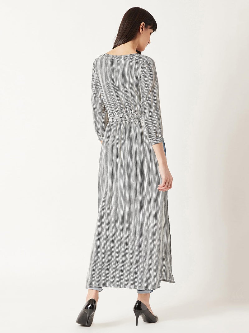 Miss Chase Women's Round Neck 3/4 Sleeves Striped Tassel Tie-Up Detailing Maxi Top with Side and Front Slit(MCAW18TP11-99-98-05, Black and White, Large) - Image 5