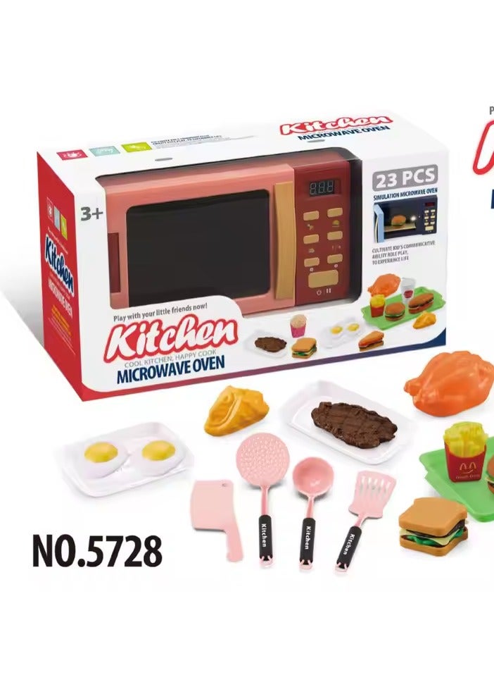 واي نوت 🎁 لعبة ميكروويف المطبخ للأطفال مع صوت وضوء و23 قطعة إكسسوارات – مجموعة لعب تظاهر تعليمية لتطوير الخيال 💡🍔 - Image 1