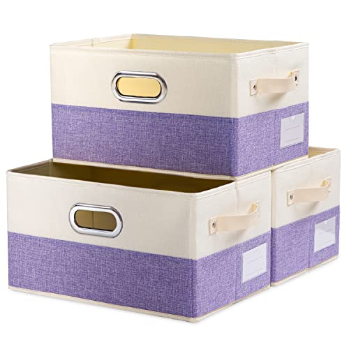 PRANDOM Large Fodable Storage Bins for Closet [3-pack] Decorative Fabric Storage Baskets Cubes with Leather/Metal Handles for Shelves Bedroom Living Room Purple&Cream (14.9x9.8x8.3 Inch) - Image 1