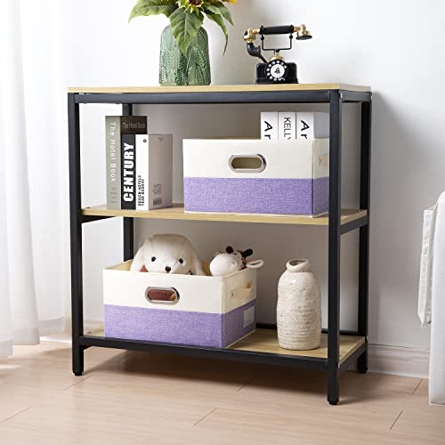 PRANDOM Large Fodable Storage Bins for Closet [3-pack] Decorative Fabric Storage Baskets Cubes with Leather/Metal Handles for Shelves Bedroom Living Room Purple&Cream (14.9x9.8x8.3 Inch) - Image 2
