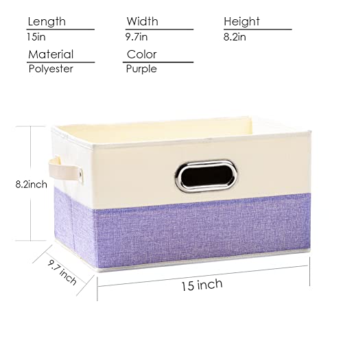 PRANDOM Large Fodable Storage Bins for Closet [3-pack] Decorative Fabric Storage Baskets Cubes with Leather/Metal Handles for Shelves Bedroom Living Room Purple&Cream (14.9x9.8x8.3 Inch) - Image 5