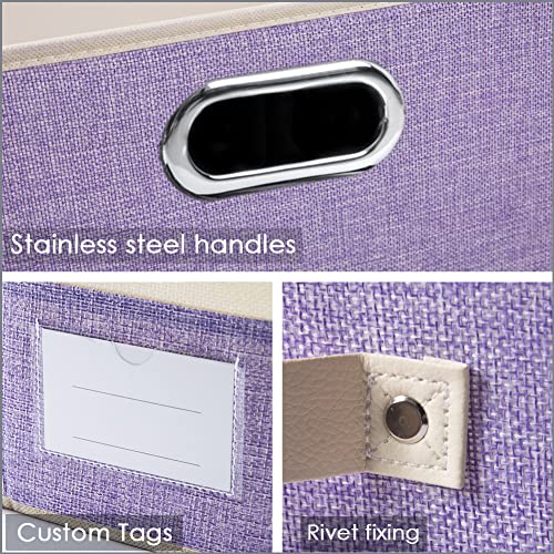 PRANDOM Large Fodable Storage Bins for Closet [3-pack] Decorative Fabric Storage Baskets Cubes with Leather/Metal Handles for Shelves Bedroom Living Room Purple&Cream (14.9x9.8x8.3 Inch) - Image 4