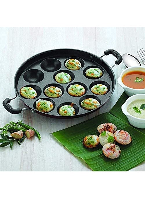 KD ZONE KDZONE NonStick 12 Cavity Appam Patra Paniyarakkal Two Side Handle with Steel lid Wooden Picker Red Black Spatter FinishAluminium  - Image 3
