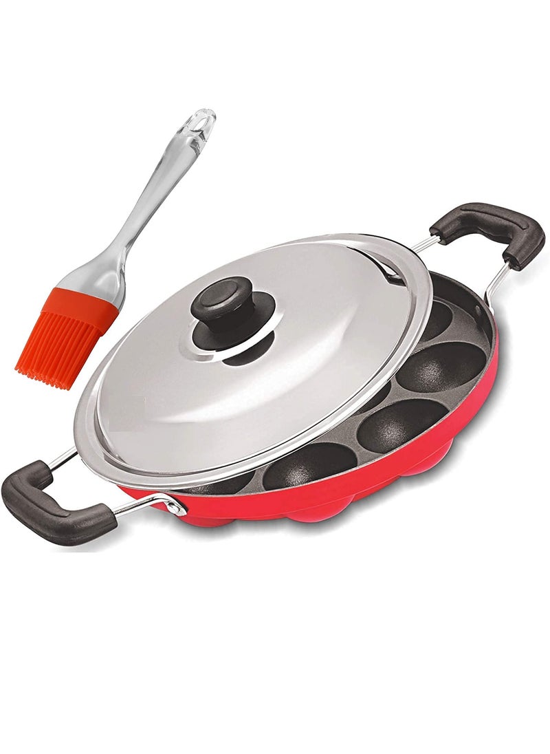 KD ZONE KDZONE NonStick 12 Cavity Appam Patra Paniyarakkal Two Side Handle with Steel lid Wooden Picker Red Black Spatter FinishAluminium  - Image 1
