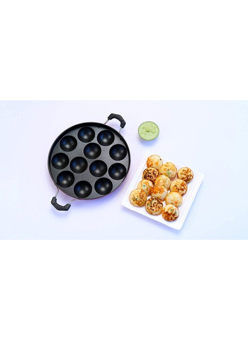 KD ZONE KDZONE NonStick 12 Cavity Appam Patra Paniyarakkal Two Side Handle with Steel lid Wooden Picker Red Black Spatter FinishAluminium  - Image 2