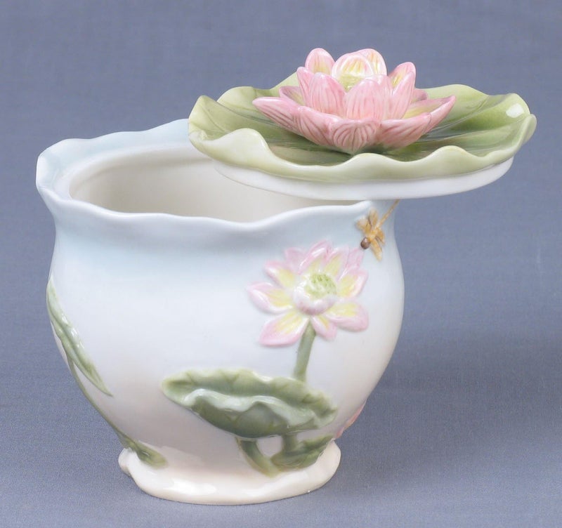 US US 6 Inch Pale Blue and White Glazed Porcelain Pink Lotus Sugar Bowl  - Image 2