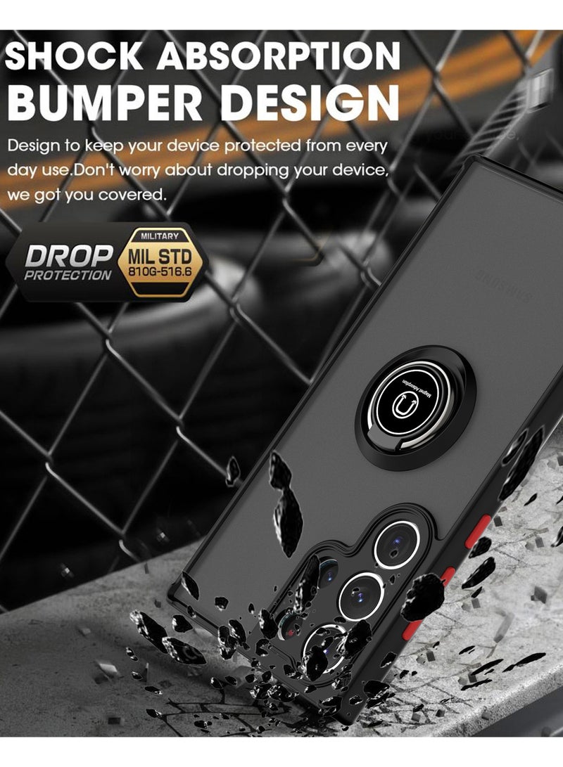 غطاء الحالة لسامسونج غالاكسي S25 ألترا ، TPU + جهاز الكمبيوتر الشخصي الصلب حلقة مغناطيسية سيارة جبل الوقوف غطاء المضادة كامل Portection غطاء الهاتف مقاوم للصدمات ، أسود. - Image 4