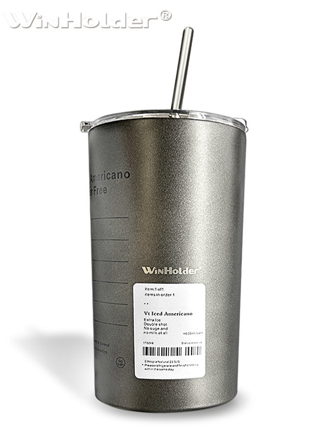 وين هولدر زجاجة ماء من الفولاذ المقاوم للصدأ سعة 600 مل ， كوب قهوة معزول من الفولاذ المقاوم للصدأ مع قشة كوب قهوة للسفر مع أغطية كوب شاي بالحليب مفرغ من الهواء يحافظ على سخونته وبرودته رائع للمكتب المنزلي رمادي - Image 2