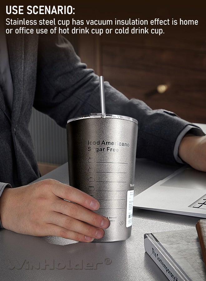 وين هولدر زجاجة ماء من الفولاذ المقاوم للصدأ سعة 600 مل ， كوب قهوة معزول من الفولاذ المقاوم للصدأ مع قشة كوب قهوة للسفر مع أغطية كوب شاي بالحليب مفرغ من الهواء يحافظ على سخونته وبرودته رائع للمكتب المنزلي رمادي - Image 4