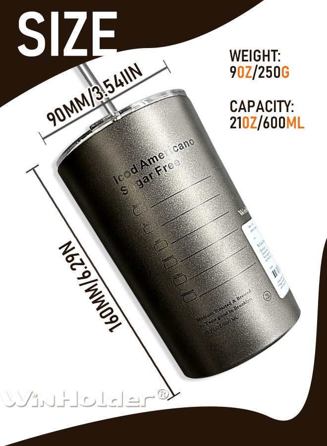 وين هولدر زجاجة ماء من الفولاذ المقاوم للصدأ سعة 600 مل ， كوب قهوة معزول من الفولاذ المقاوم للصدأ مع قشة كوب قهوة للسفر مع أغطية كوب شاي بالحليب مفرغ من الهواء يحافظ على سخونته وبرودته رائع للمكتب المنزلي رمادي - Image 3