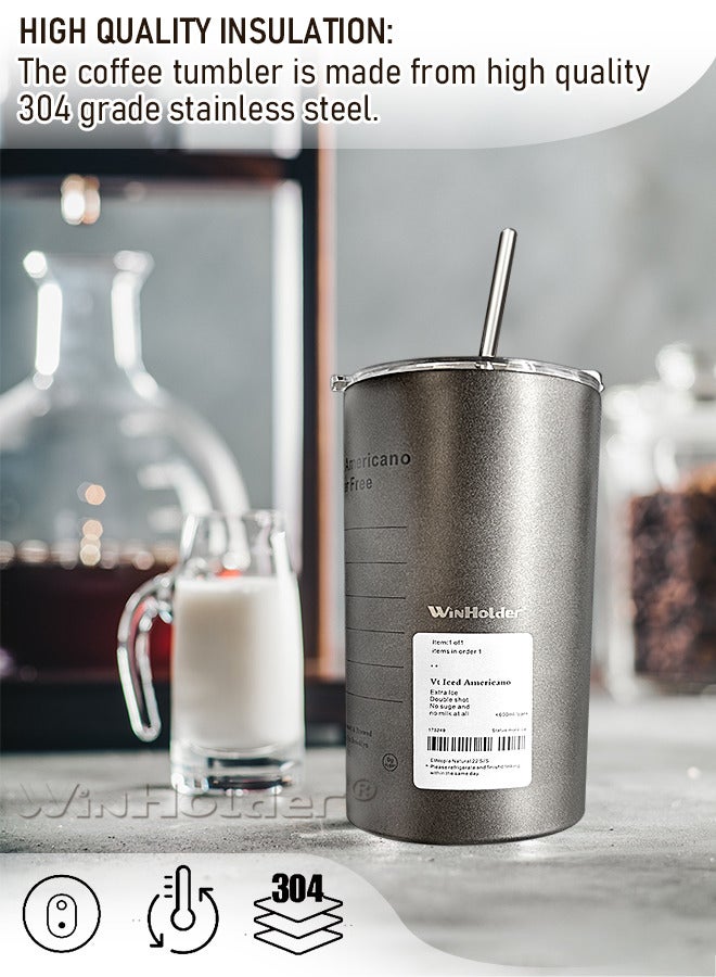 وين هولدر زجاجة ماء من الفولاذ المقاوم للصدأ سعة 600 مل ， كوب قهوة معزول من الفولاذ المقاوم للصدأ مع قشة كوب قهوة للسفر مع أغطية كوب شاي بالحليب مفرغ من الهواء يحافظ على سخونته وبرودته رائع للمكتب المنزلي رمادي - Image 5