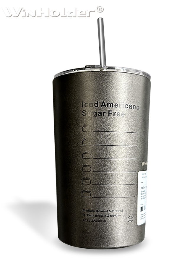 وين هولدر زجاجة ماء من الفولاذ المقاوم للصدأ سعة 600 مل ， كوب قهوة معزول من الفولاذ المقاوم للصدأ مع قشة كوب قهوة للسفر مع أغطية كوب شاي بالحليب مفرغ من الهواء يحافظ على سخونته وبرودته رائع للمكتب المنزلي رمادي - Image 1