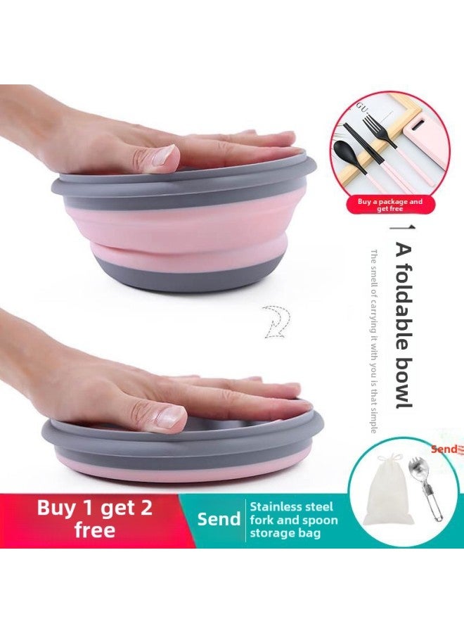 Folding Bowl Portable Retractable Japanese Outdoor Compression Travel Travel Wild Tableware Baby Picnic Drop-resistant Lunch Box-Color:Pink - Large Bowl, Free Stainless Steel Fork + Storage Bag  - Image 2