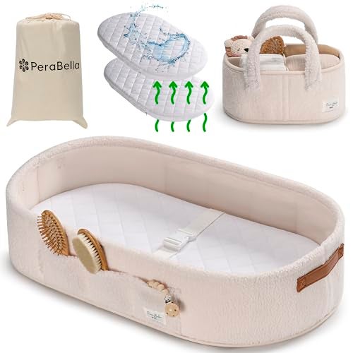PeraBella Baby Changing Basket for Dresser Top, Baby Moses Basket for Newborn, Portable Diaper Changing Pad Table Topper for Dresser, Includes Diaper Caddy Organizer with Handle, Moses Bassinet Mat - Image 1