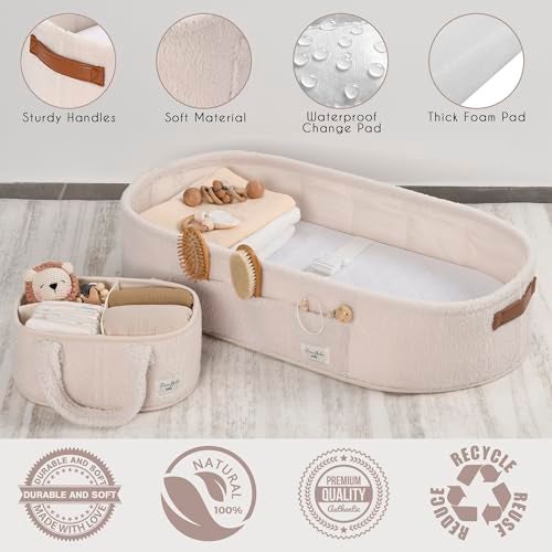 PeraBella Baby Changing Basket for Dresser Top, Baby Moses Basket for Newborn, Portable Diaper Changing Pad Table Topper for Dresser, Includes Diaper Caddy Organizer with Handle, Moses Bassinet Mat - Image 3