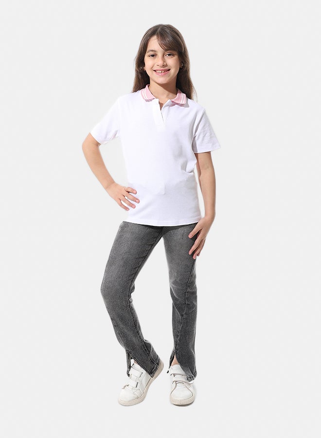 Andora Johnny Collar Pique Polo Shirt _ White & Pink - Image 1
