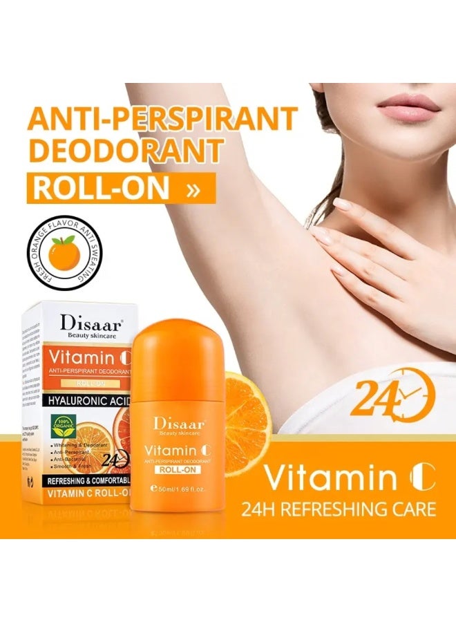 Disaar 50 مل مزيل العرق المضاد للتعرق فيتامين سي رول أون عطر برتقالي تنظيف فيتامين سي عصا صلبة تبييض مضاد للبكتيريا مزيل عرق ناعم ومنعش حمض الهيالورونيك فيتامين سي رول أون - Image 5