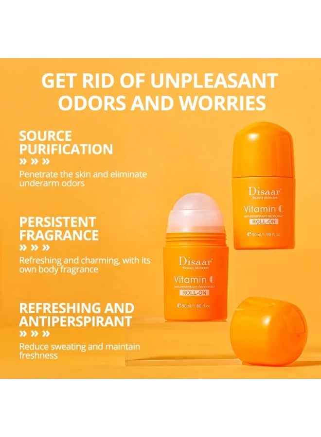 Disaar 50 مل مزيل العرق المضاد للتعرق فيتامين سي رول أون عطر برتقالي تنظيف فيتامين سي عصا صلبة تبييض مضاد للبكتيريا مزيل عرق ناعم ومنعش حمض الهيالورونيك فيتامين سي رول أون - Image 3
