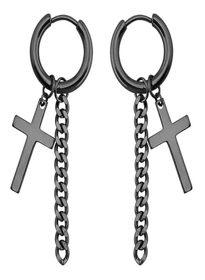 VIEN 1 Pair Punk Tassels Cross Stainless Steel Earring Men Cross Earring Fashion Body Piercing Jewelry (BLACK) - Image 1