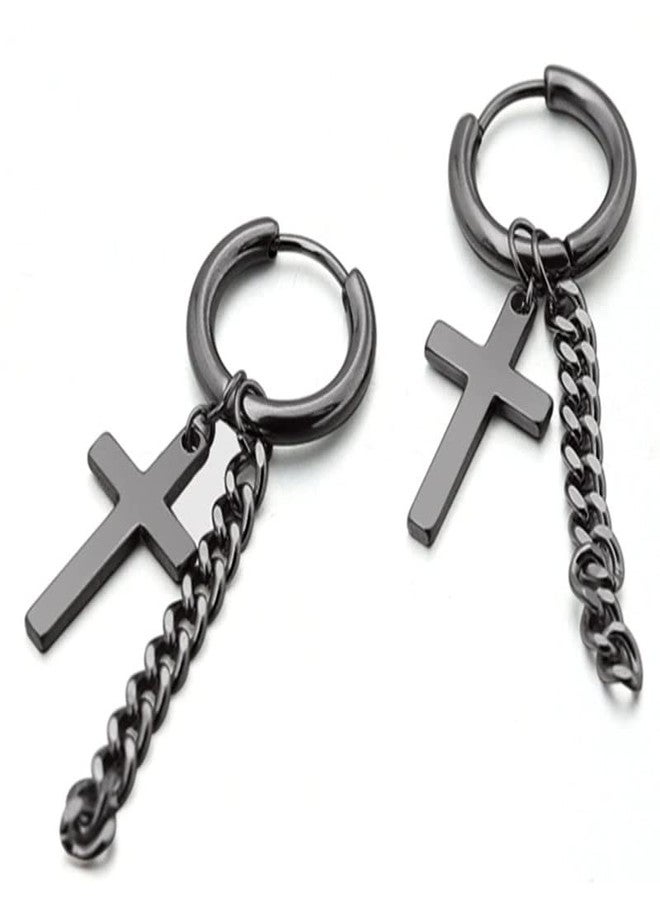 VIEN 1 Pair Punk Tassels Cross Stainless Steel Earring Men Cross Earring Fashion Body Piercing Jewelry (BLACK) - Image 2